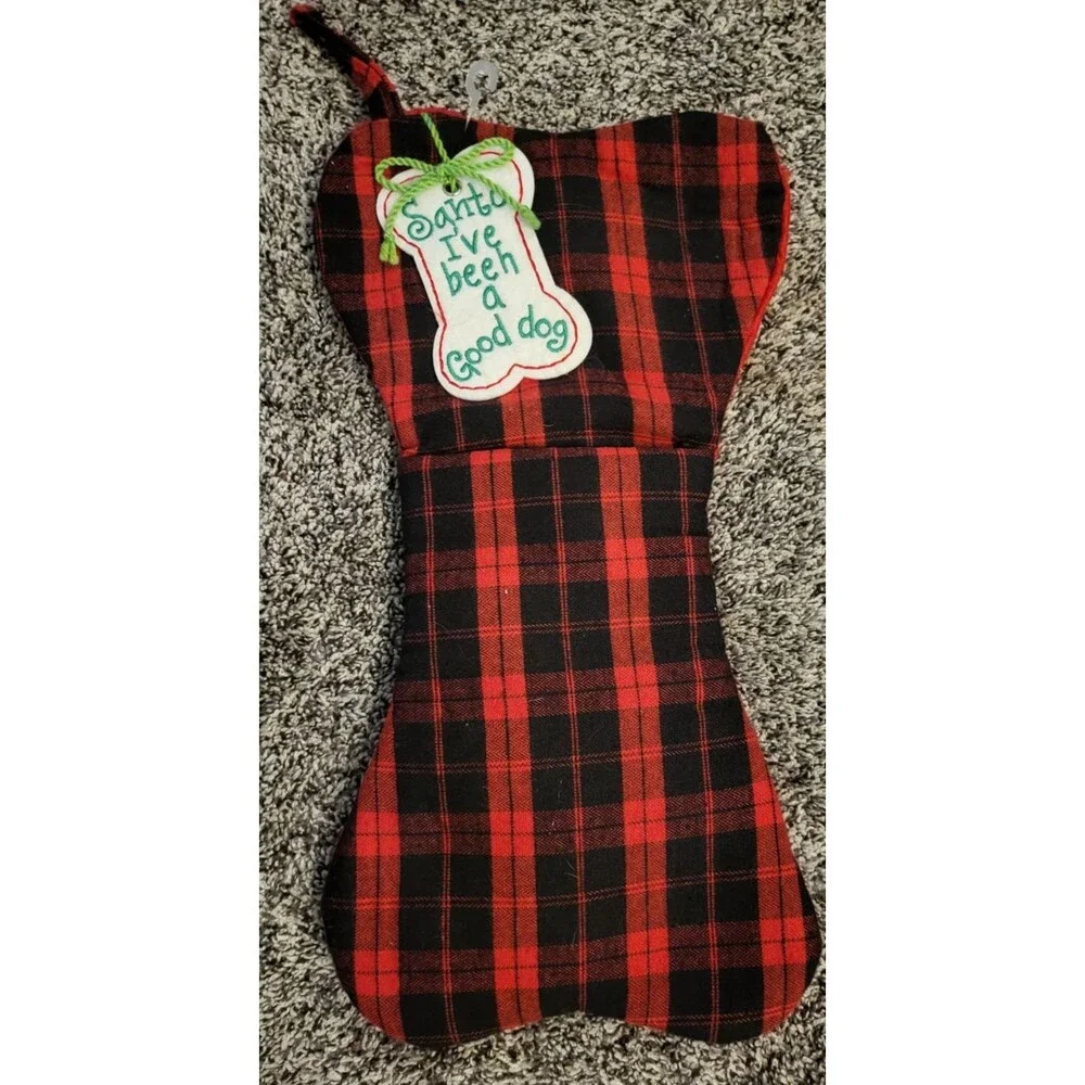 EUC Dog Puppy Christmas Stocking New Bone Present Santa Pet Plaid Flannel